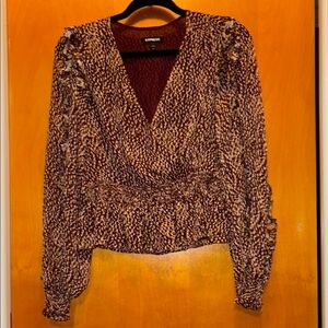 Express Red Wrap Ruched Long Sleeve Blouse